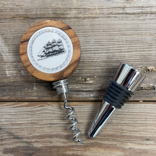 Scrimshaw wine stopper/corkscrew square rig ship