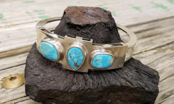 Silver and turquoise cuff bracelet with jet inlay