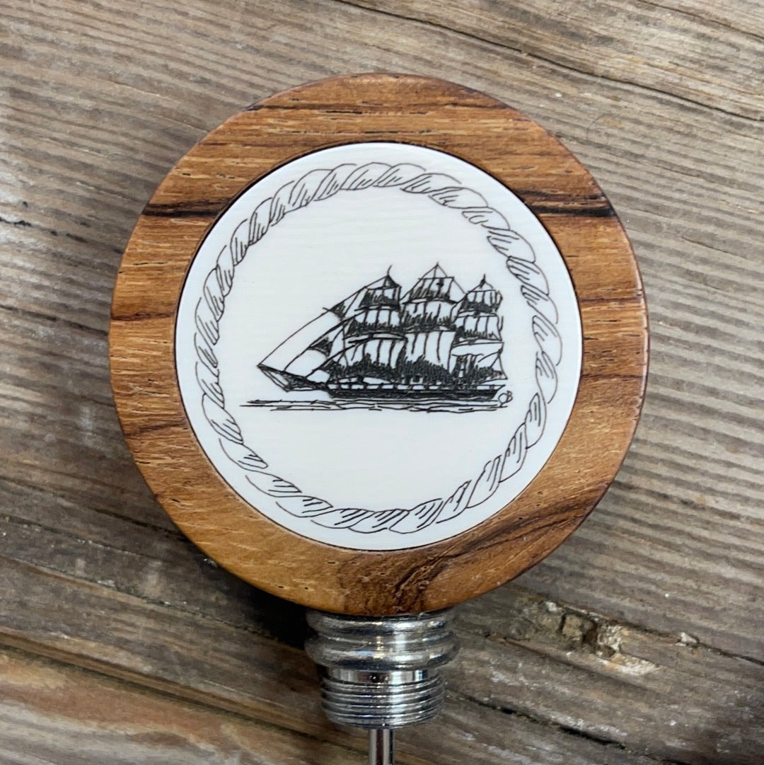 Scrimshaw wine stopper/corkscrew square rig ship